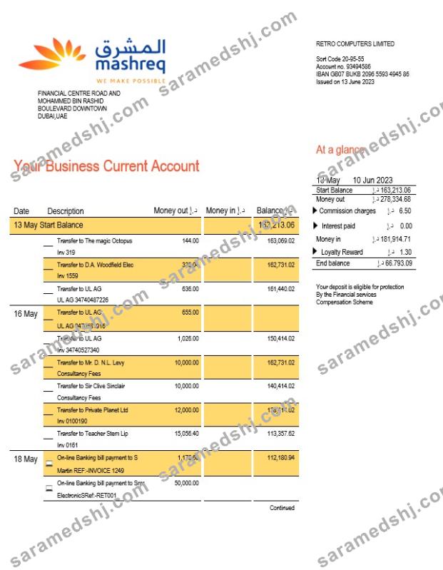 Mashreq Bank company checking account statement Word and PDF template